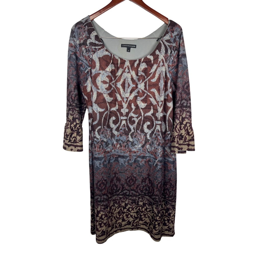 Chris McLaughlin‎ Boho Damask Jacquard Bell Sleeve Sheath Dress 16 Burgundy Grey
